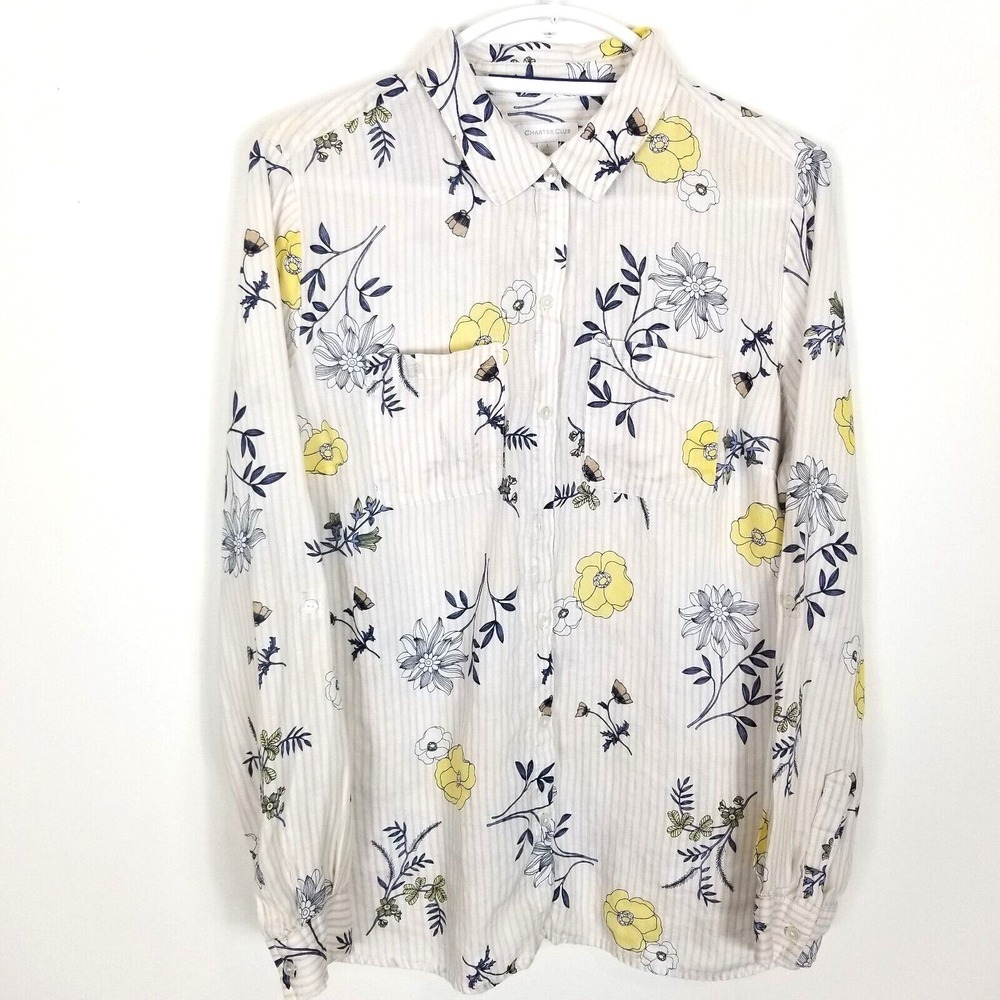 Charter Club Women's Linen Floral-Print Utility Shirt Sz L Button Up Long Sleeve
